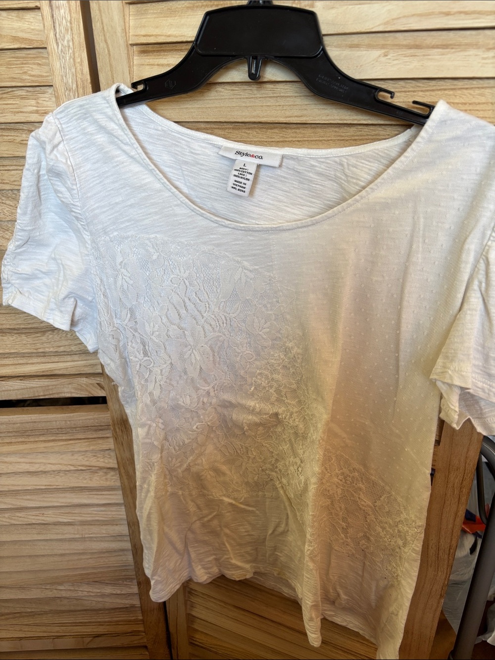 Style & Co. Short Sleeve Scoop Neck Burnout Tee with Lace Panel Large